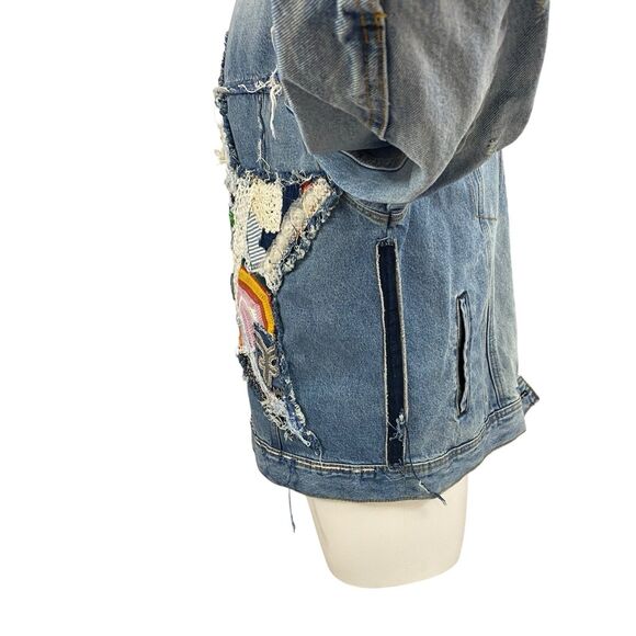 Upcycled Denim Jacket Womens Large Star Boho Grunge Patchwork Folk Art Coachella - Picture 4 of 14